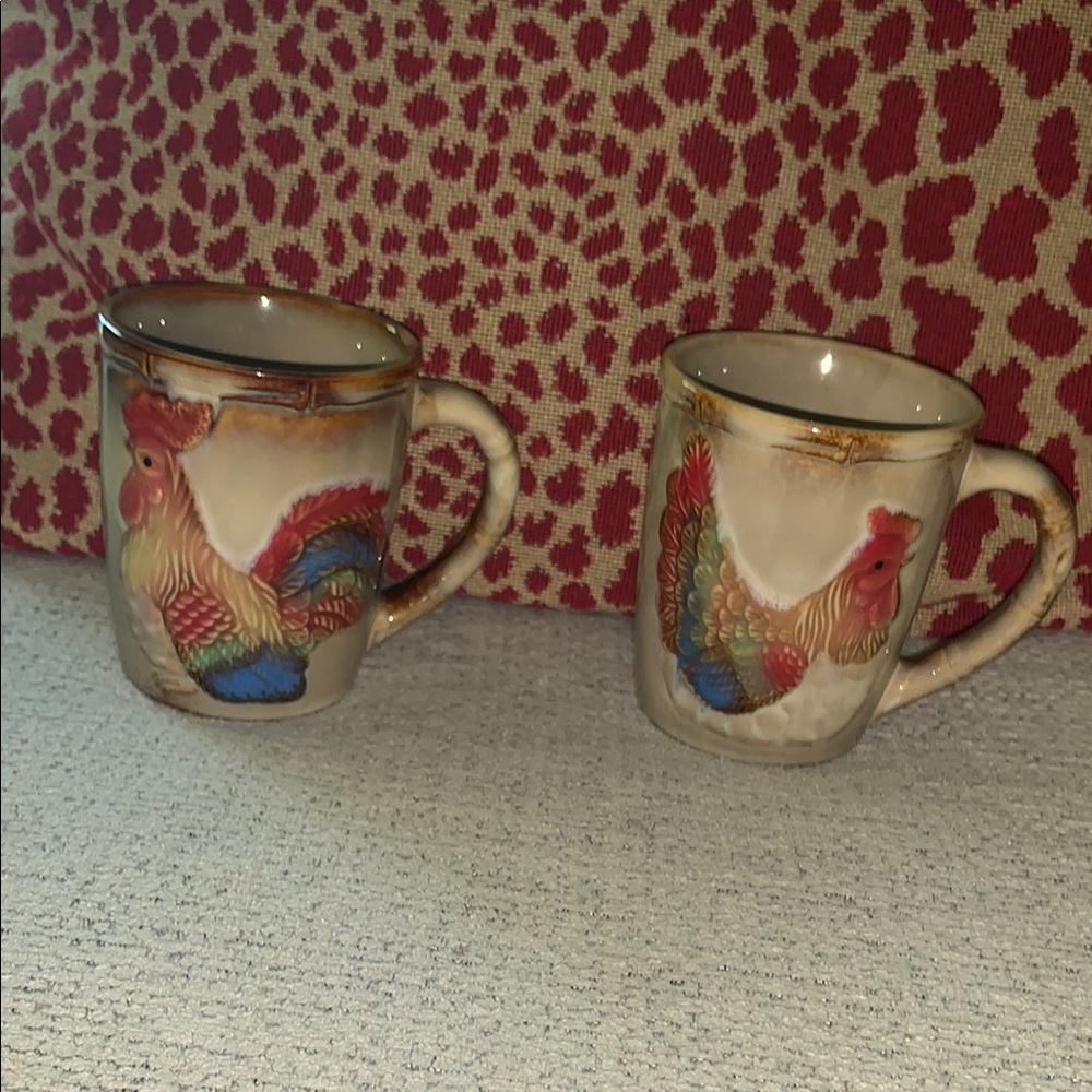 Colorful Rooster and Hen Ceramic Country Style Mugs Set
